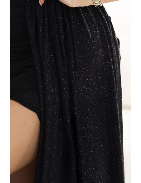  600-1 SELENA stulbinanti ilga suknelė ant vieno peties su blizgiu blizgesiu ir prakirpimu ant kojos - BLACK 