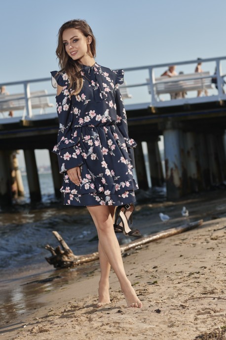 Fashionable dress with open arms L276 navy with flowers