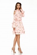 Fashionable dress with open arms L276 powder pink with flowers