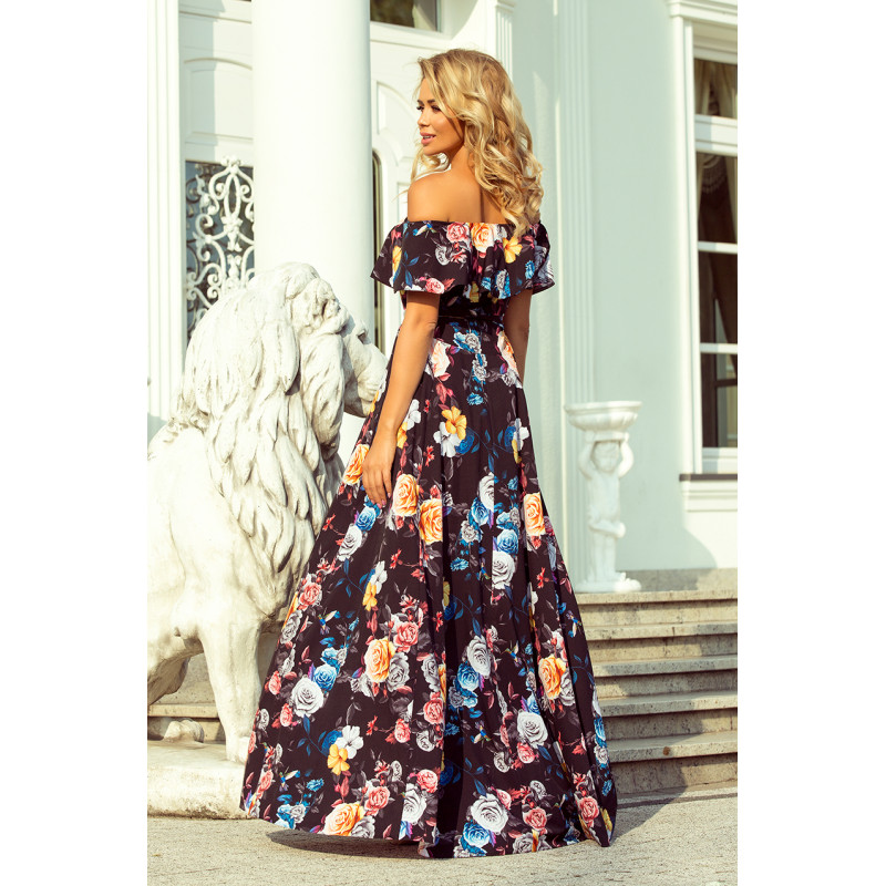194-3 Long dress with frill - black + colorful flowers  2