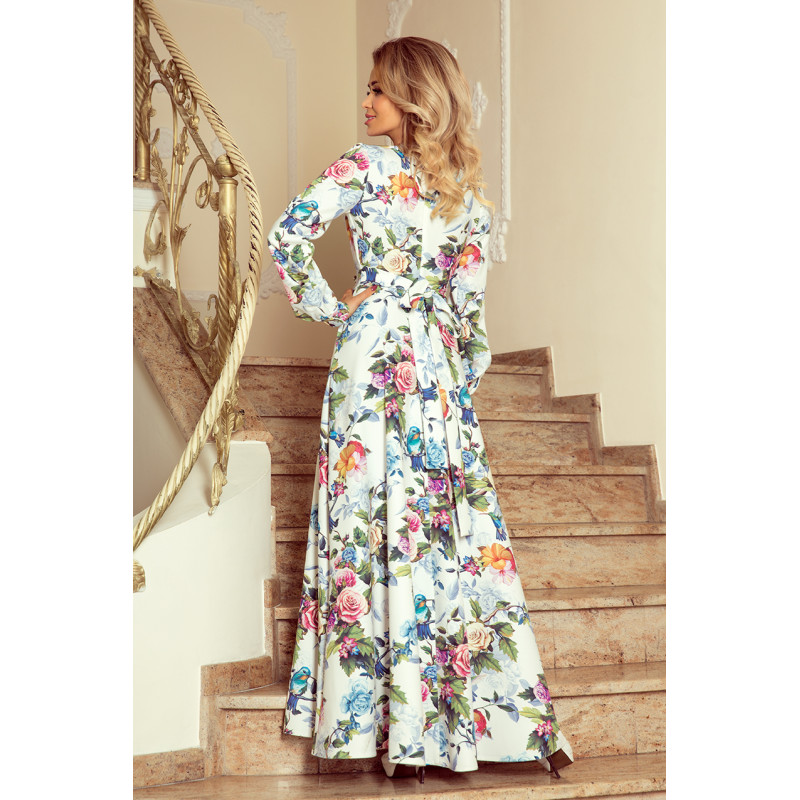 245-1 Long dress with frill and cleavage - colorful roses and blue birds  2