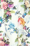  245-1 Long dress with frill and cleavage - colorful roses and blue birds 