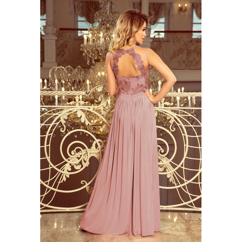 215-5 LEA long sleeveless dress with embroidered cleavage - TAUPE  2
