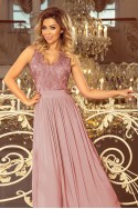  215-5 LEA long sleeveless dress with embroidered cleavage - TAUPE 