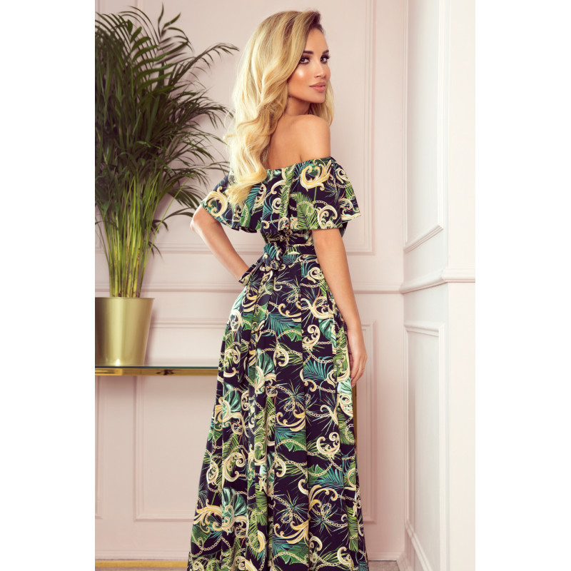194-4 Long dress with frill - green leaves and gold chains  2