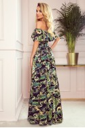  194-4 Long dress with frill - green leaves and gold chains 