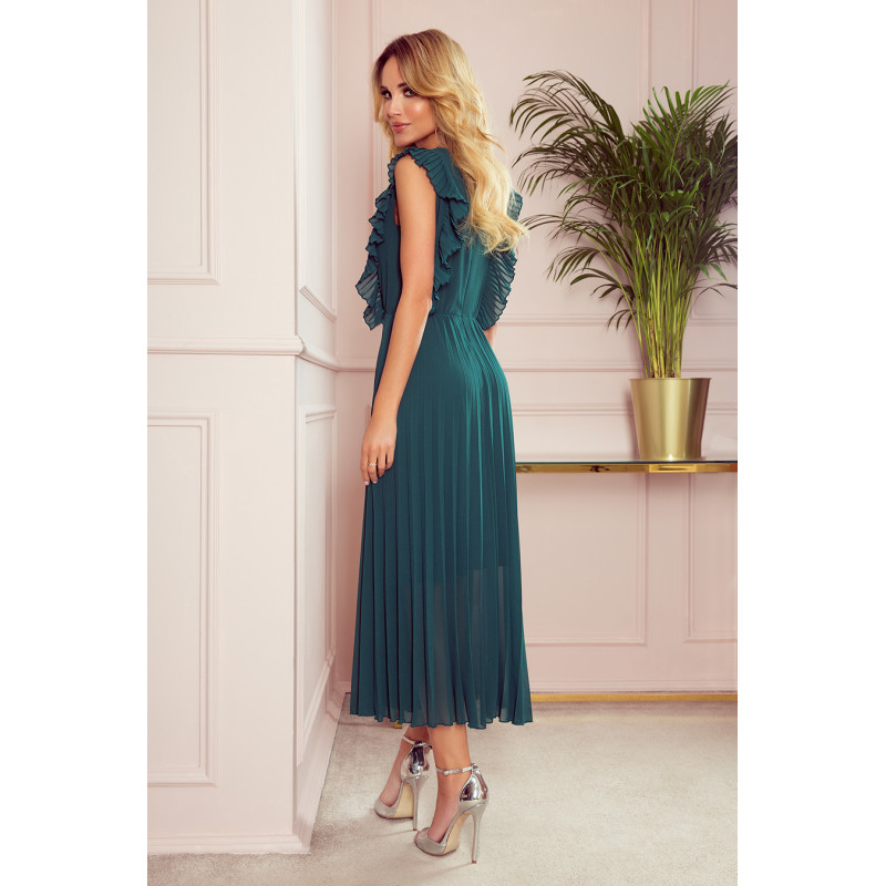 315-1 EMILY Pleated dress with frills and neckline - green  2