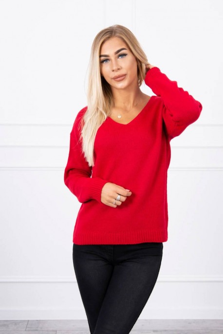 Sweter z dekoltem V czerwony