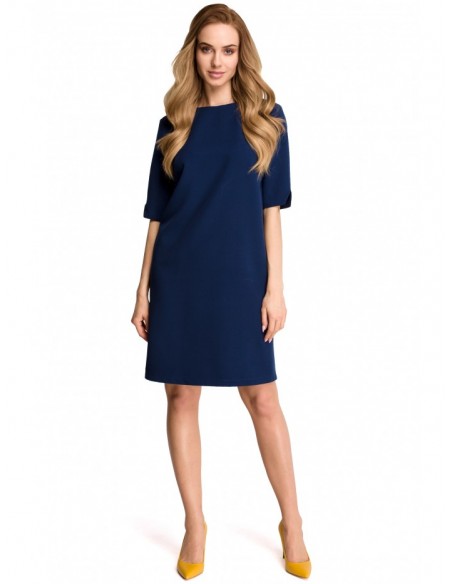 S113 Minimalist dress with back v-neck - navy blue