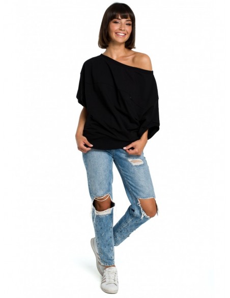 B079 Oversized blouse with a wrap detail - black