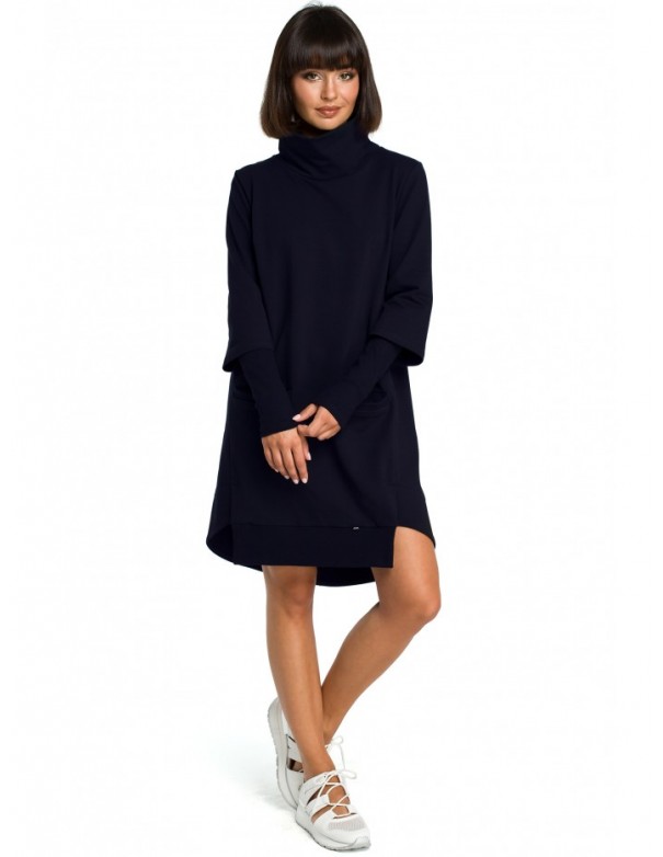 B089 Asymmetric roll neck dress - navy blue