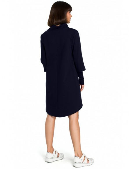 B089 Asymmetric roll neck dress - navy blue