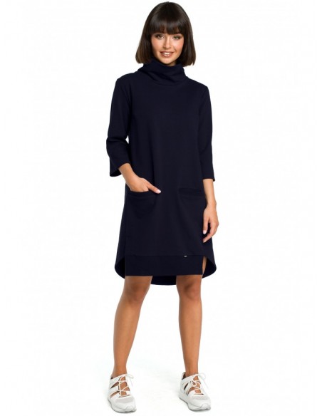 B089 Asymmetric roll neck dress - navy blue