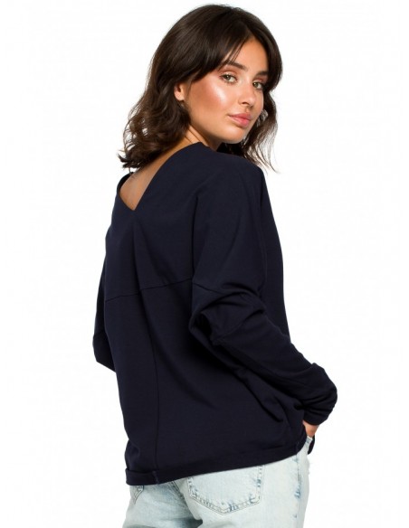 B094 Oversized top with a back V-neck - navy blue