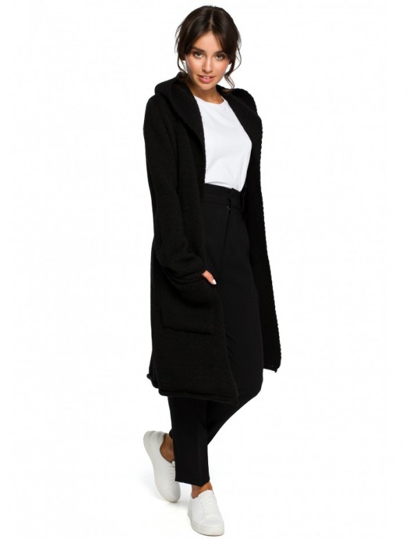 BK016 Longline hooded cardigan with side pockets - black