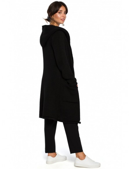 BK016 Longline hooded cardigan with side pockets - black