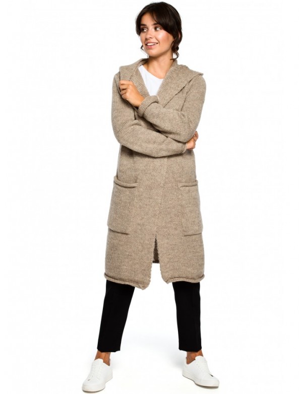 BK016 Longline hooded cardigan with side pockets - light brown