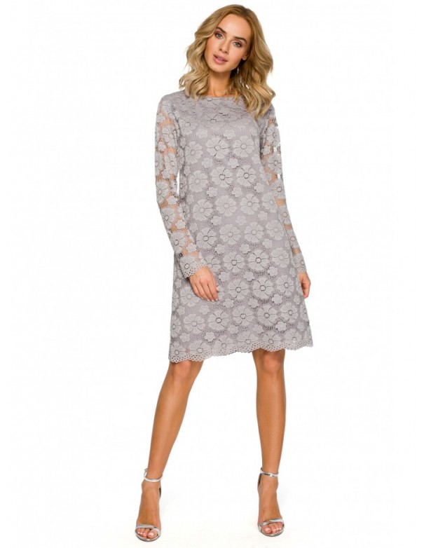M406 lacy a-line dress with long sleeves - grey