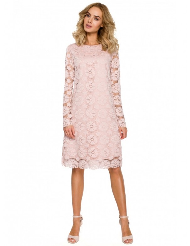 M406 lacy a-line dress with long sleeves - pink