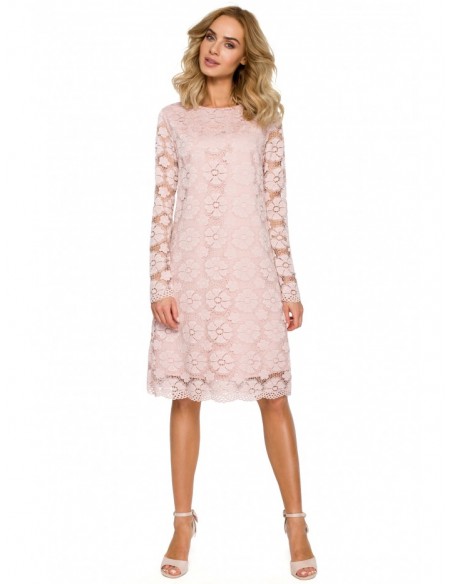 M406 lacy a-line dress with long sleeves - pink