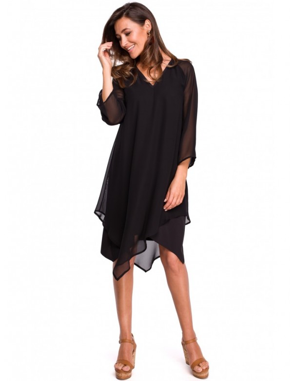 S159 Chiffon dress with asymetric hem - black