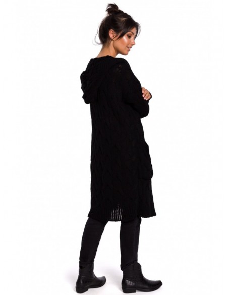 BK033 Pleated knit hooded cardigan - black