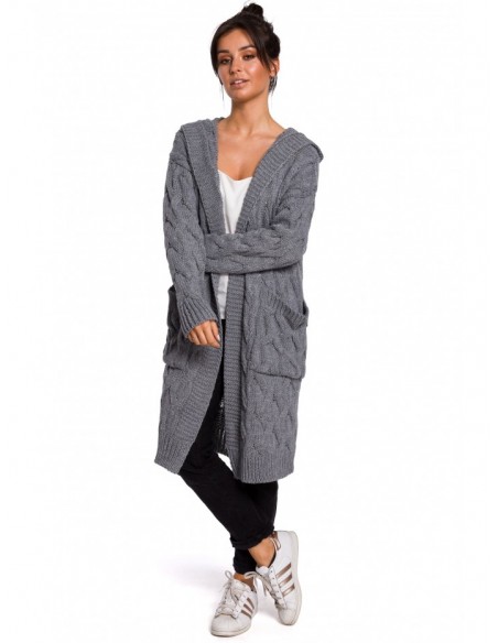 BK033 Pleated knit hooded cardigan - grey