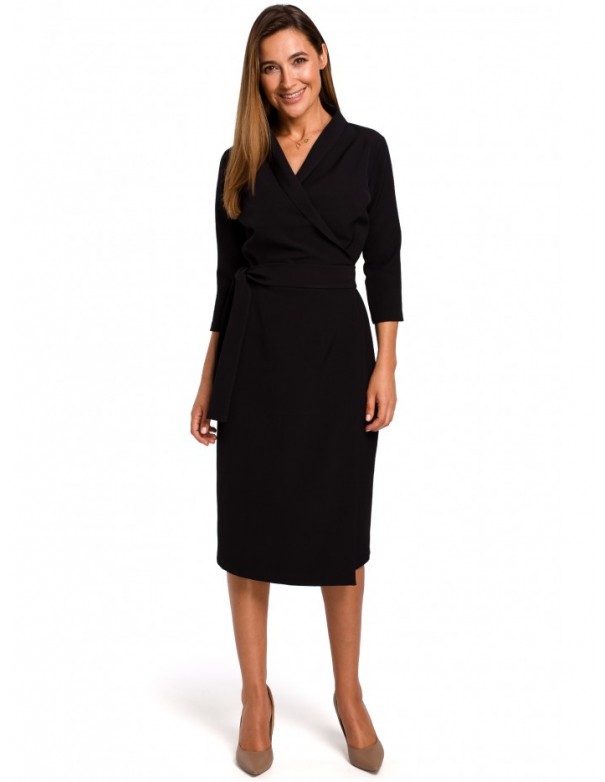 S175 Wrap front dress with a tie detail - black