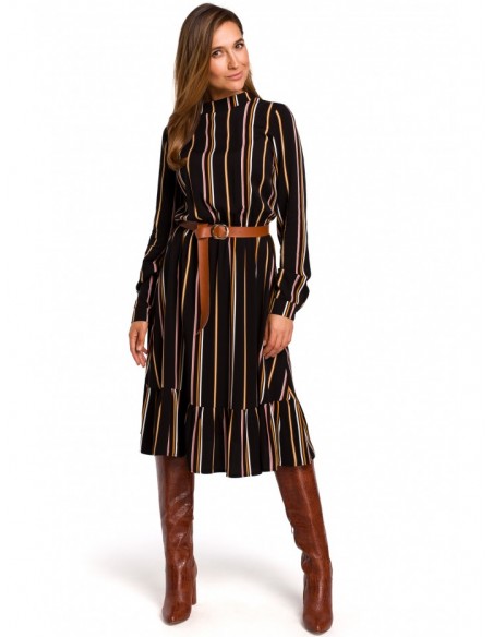 S182 Striped dress with a buckle belt - model 1