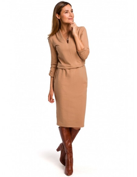 S194 Knit dress with V-neck - cappuccino