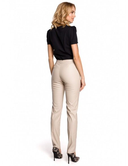 M144 Straight leg, faux leather trousers with a back zip - beige