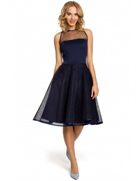 M148 An evening, knee-lenth dress with a mesh yoke - navy blue