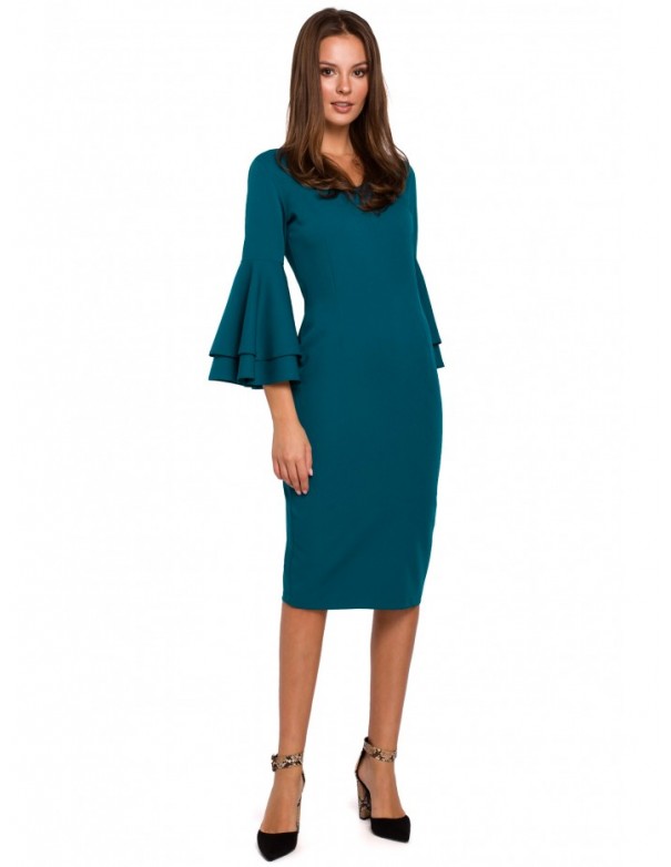 K002 Sheath dress with ruffled sleeves - ocean blue