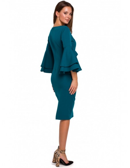 K002 Sheath dress with ruffled sleeves - ocean blue