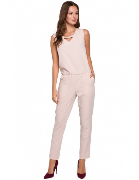 K009 One-piece jumpsuit with v-neck - beige