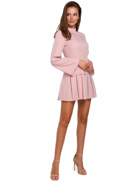 K021 Mini dress with pleaded bottom hem - crepe pink