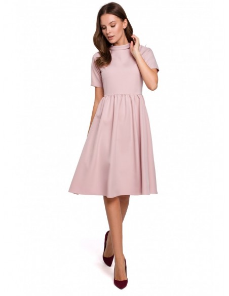 K028 Rolled neck fit and flare dress - crepe pink
