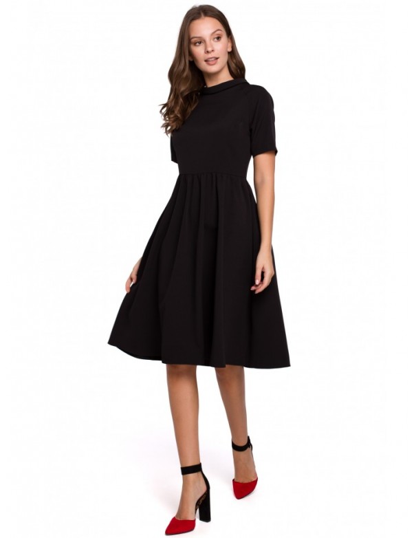 K028 Rolled neck fit and flare dress - black