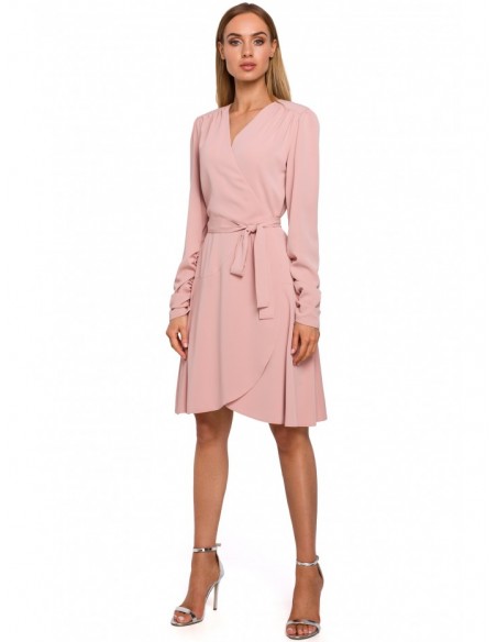 M487 Wrap dress with gathered sleeves - powder