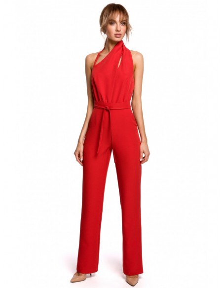 M502 Elegant jumpsuit with asymmetric neckline - red