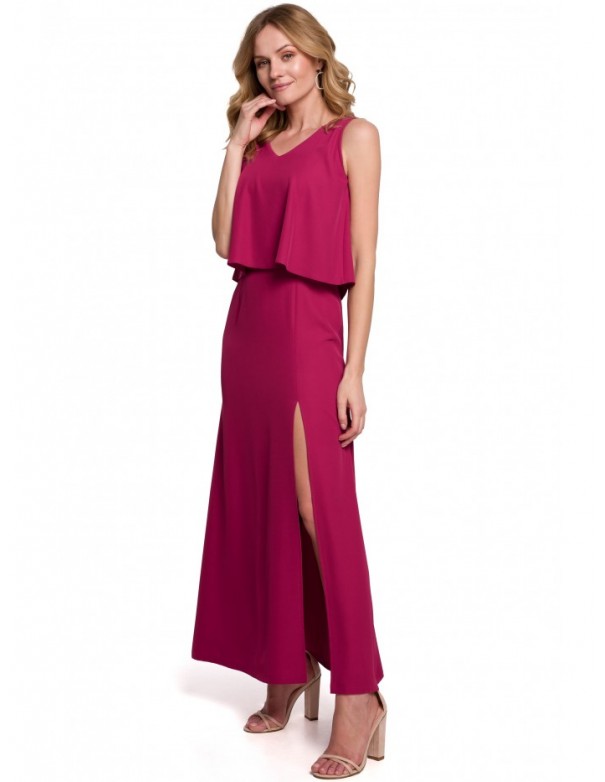 K048 Maxi dress with frill top - plum