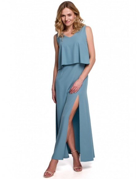 K048 Maxi dress with frill top - sky blue