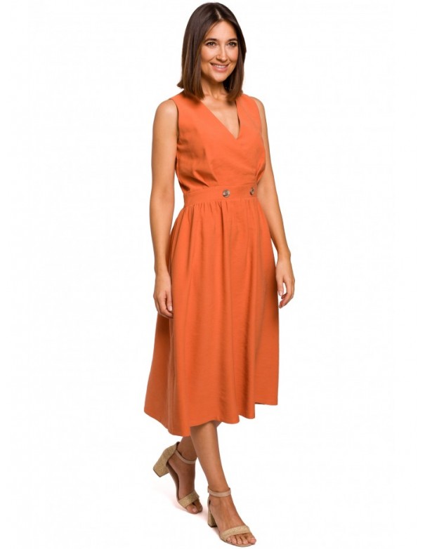 S224 Sleeveless faux wrap fir and flare dress - orange