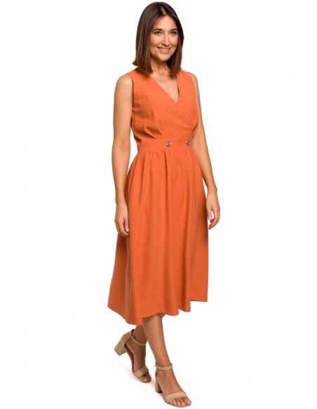 S224 Sleeveless faux wrap fir and flare dress - orange