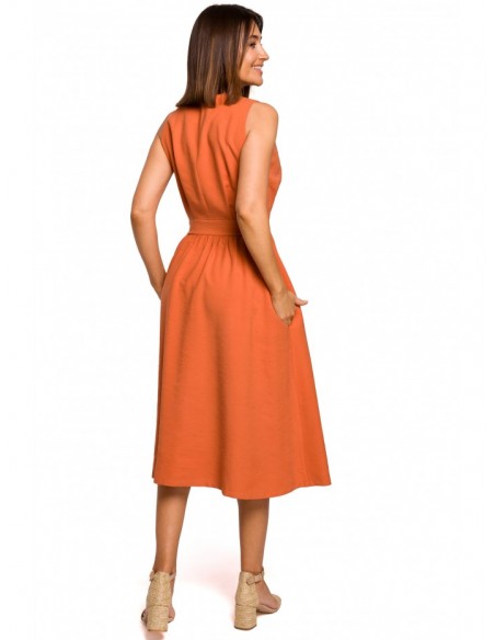 S224 Sleeveless faux wrap fir and flare dress - orange