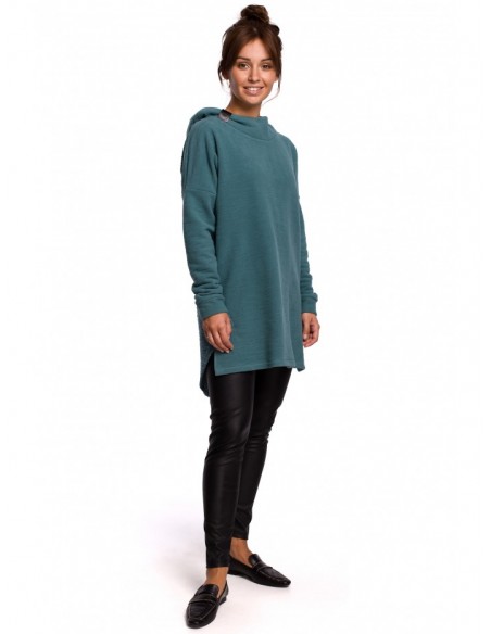 B176 Textured knit pullover top with rounded hem - turquoise