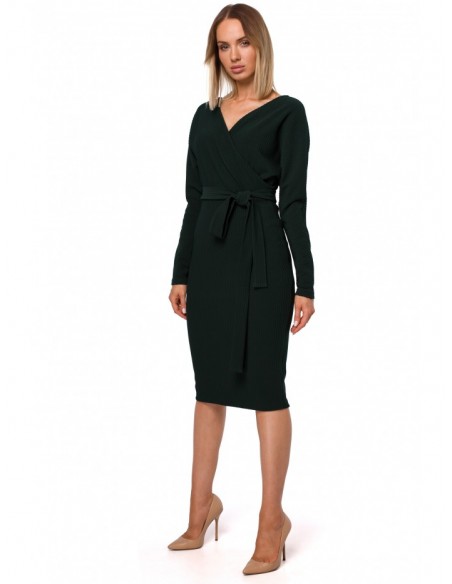 M523 Knit dress with wrap top and a tie belt - green