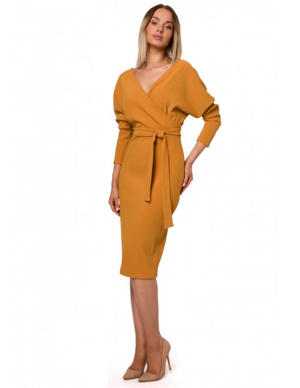 M523 Knit dress with wrap top and a tie belt - dark yellow