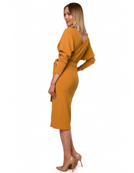 M523 Knit dress with wrap top and a tie belt - dark yellow