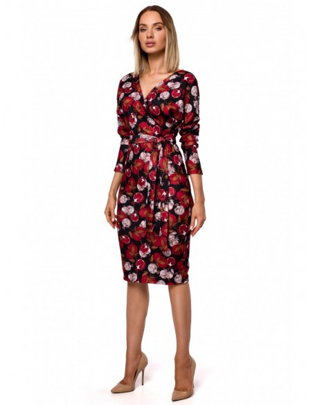 M524 Printed knit dress with wrap top and a tie belt - model 1